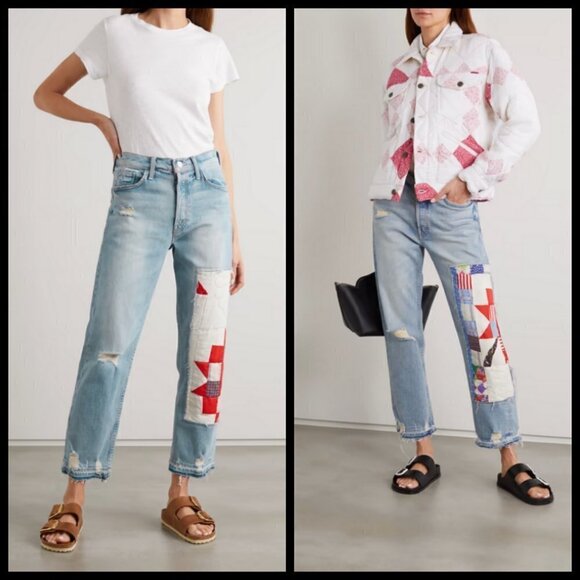 💕MOTHER💕  Patchwork Tomcat Ankle Undone Hem Jean High Rise New Hobbies 24 NWT - Picture 4 of 17